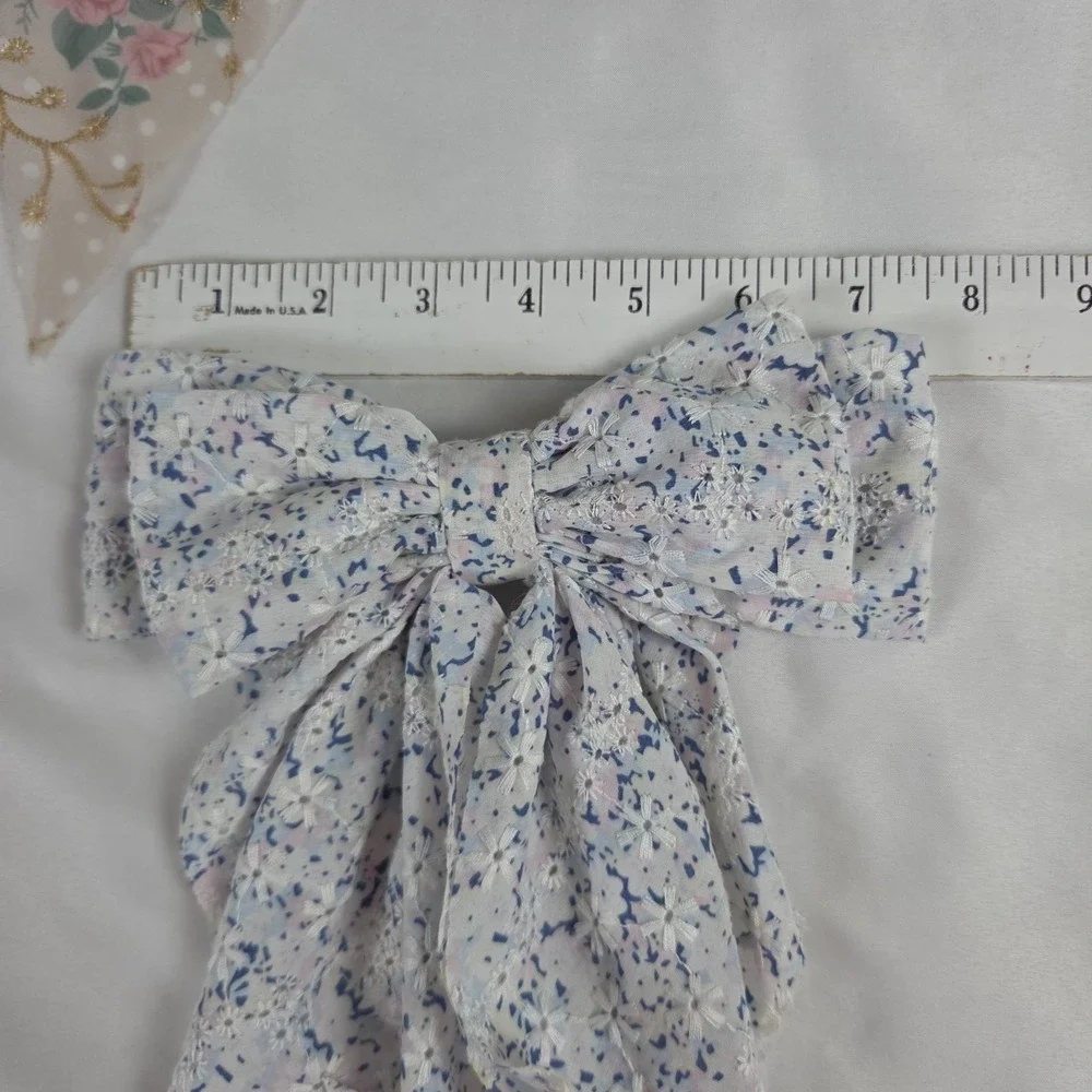 2 Vtg Floral Scarf Fabric Hair Bow Clip Tan Pink & White Blue Pastels